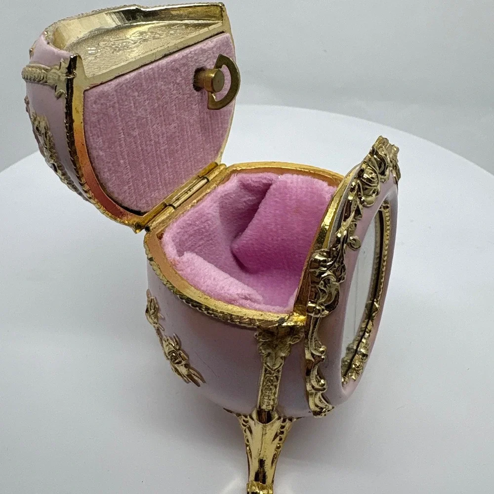 Ornate Pink Egg Picture Frame Trinket Box Goldtone Ornate Rococo Music Box Japan
